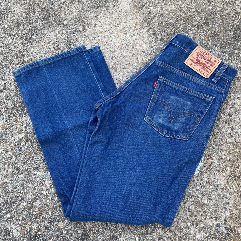 Levis 517 Mens Blue Bootcut Jeans Denim Size 31 Dark Wash Distressed